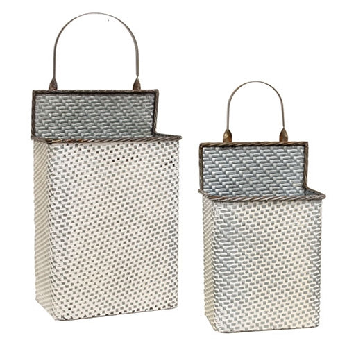 2/Set White Washed Basketweave Metal Rectangle Wall Baskets – Primitive ...
