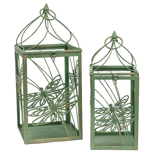 2/Set - Distressed Green Metal Dragonfly Lanterns