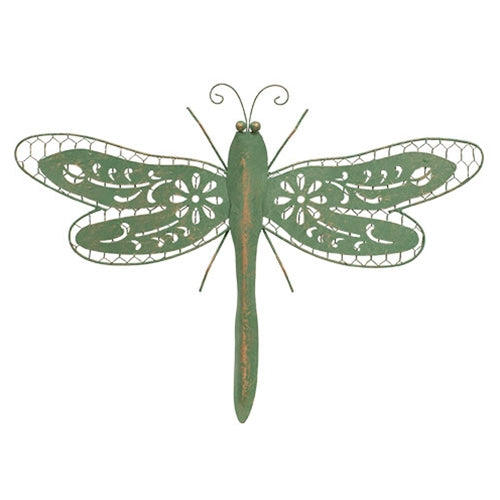 Distressed Green Metal Wall Dragonfly