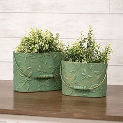 2/Set - Dragonfly Embossed Distressed Green Metal Oval Buckets