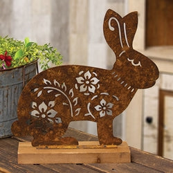 Rusty Metal Flower & Vine Cutout Bunny on Wooden Base