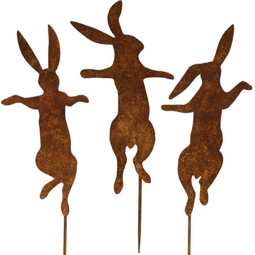 3/Set - Rusty Metal Dancing Bunny Yard Stakes