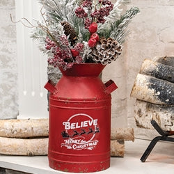 Distressed Red Metal Believe Santa & Reindeer Milk Can