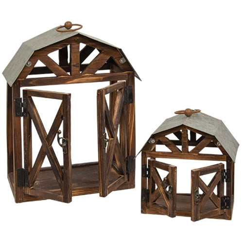 2/Set - Wood and Metal Barn Shaped Lanterns