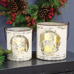 2/Set - Snowman & Reindeer Distressed Metal Buckets