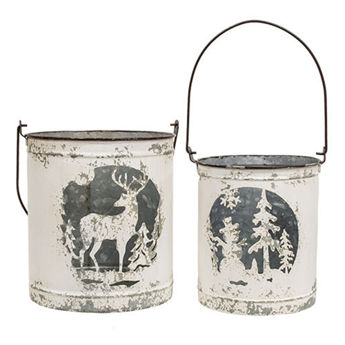 2/Set - Snowman & Reindeer Distressed Metal Buckets