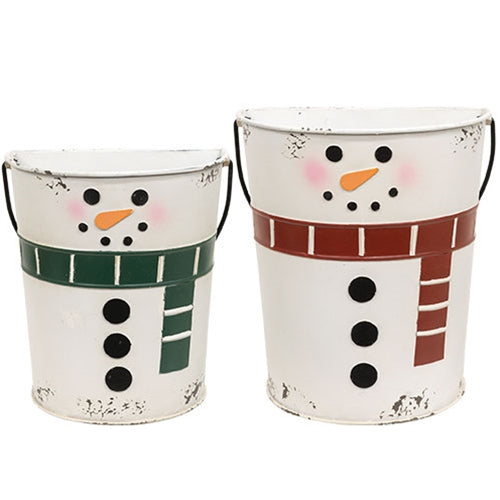 2/Set - Distressed Metal Snowman Buckets