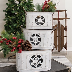3/Set - Distressed White Snowflake Oval Metal Buckets