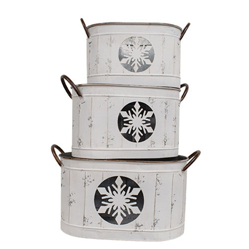 3/Set - Distressed White Snowflake Oval Metal Buckets