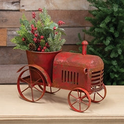 Distressed Red Metal Tractor Planter