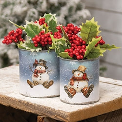 2/Set - Distressed Metal Snowman Cans