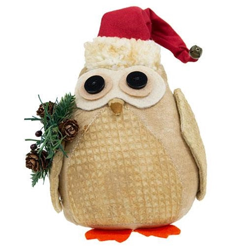 Stuffed Owl in Santa Hat w/Winter Greenery