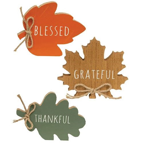 Thankful Grateful Blessed Wood Leaf Sitter 3 Asstd.