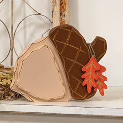 Distressed Chunky Wooden Acorn w/Leaves Sitter