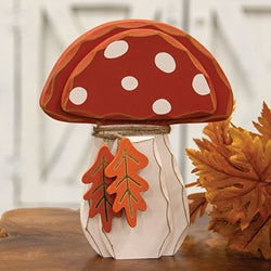 Distressed Chunky Wooden Mushroom w/Leaves Sitter