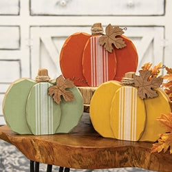 Distressed Chunky Wooden Feed Sack Stripe Pumpkin w/Leaves Sitter - 3 Asstd.