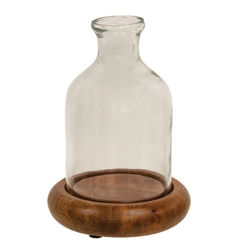 Glass Bottle on Wooden Base - 6.5"H