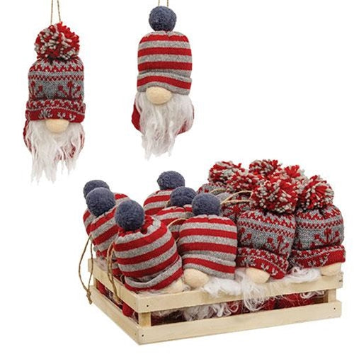 Nordic Snowflake & Stripe Beanie Hat Gnome Ornament 2 Asstd.