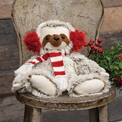 Fuzzy Brown Sitting Sloth w/ Striped Scarf