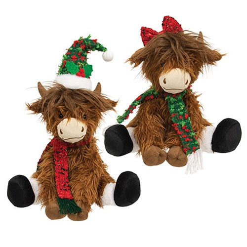 Plush Sitting Christmas Highland Cow - 2 Asstd