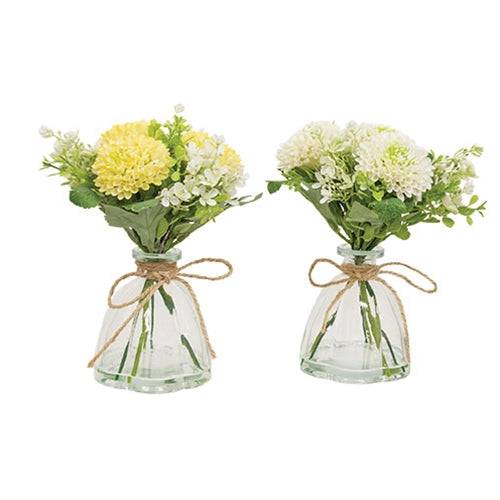 Spring Crysanthemums & Greenery In Glass Vase - 2 Asstd.