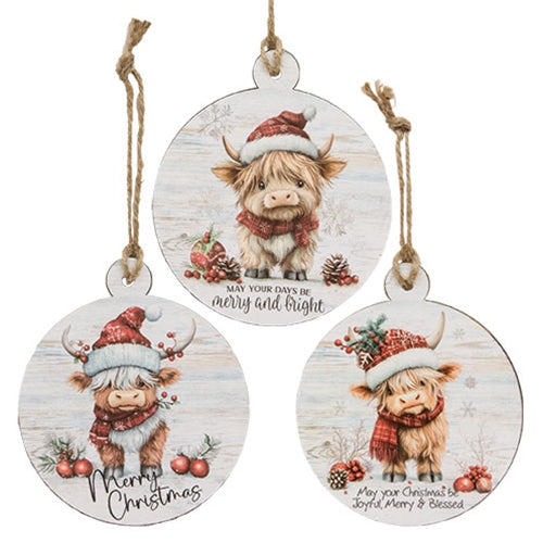 Merry Christmas Baby Highland Round Wooden Ornament - 3 Asstd.