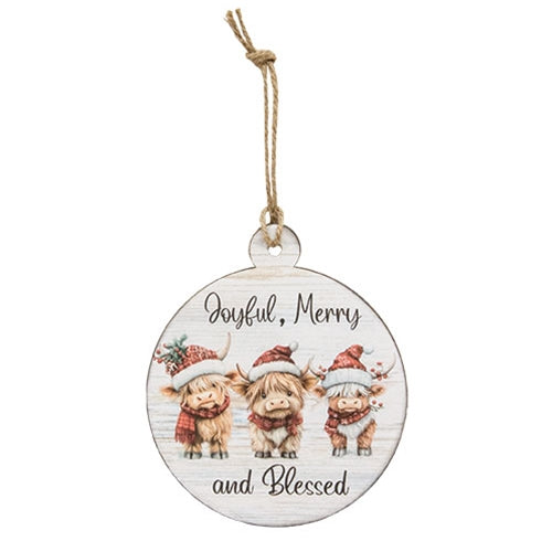 Joyful Merry and Blessed Baby Highland Round Wooden Ornament
