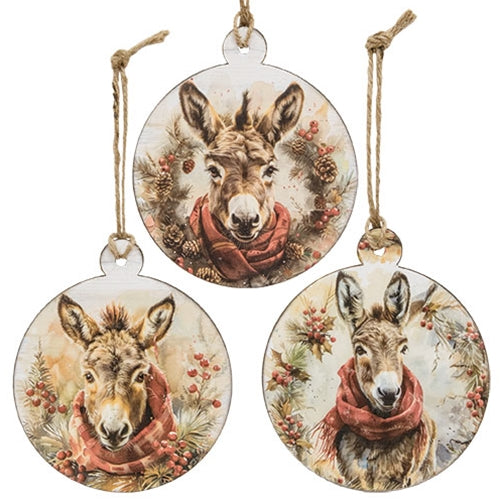 Winter Woodland Donkey Round Wooden Ornament - 3 Asstd.