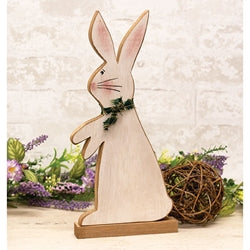 Distressed Standing Wooden Bunny w/ Green & White Scarf on Base