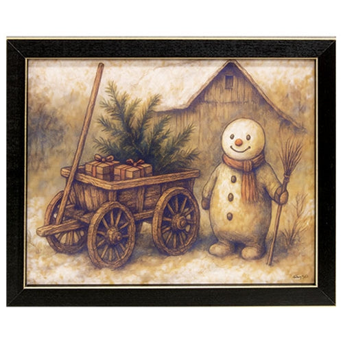 Woodland Snowman & Wagon Framed Print - 10x8