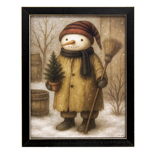 Woodland Snowman w/Broom & Potted Pine Framed Print - 10x8