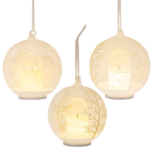 4" Winter Pattern Bulb Ornament w/LED Candle - 2 Asstd