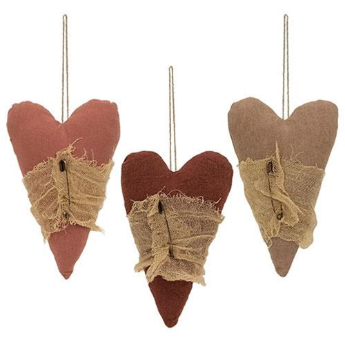 Stuffed Primitive Heart Ornament w/Cheesecloth 3 Asstd.