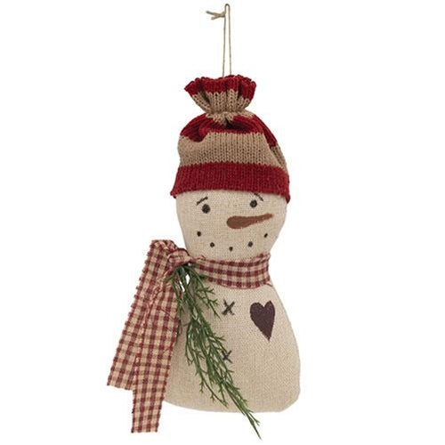 Stuffed Striped Hat Snowman Ornament w/Heart & Greenery