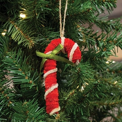 Chenille Candy Cane Ornament w/Green Bow