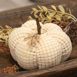 Ivory Waffle Weave Pumpkin w/Burlap Leaves - 4.75" dia.