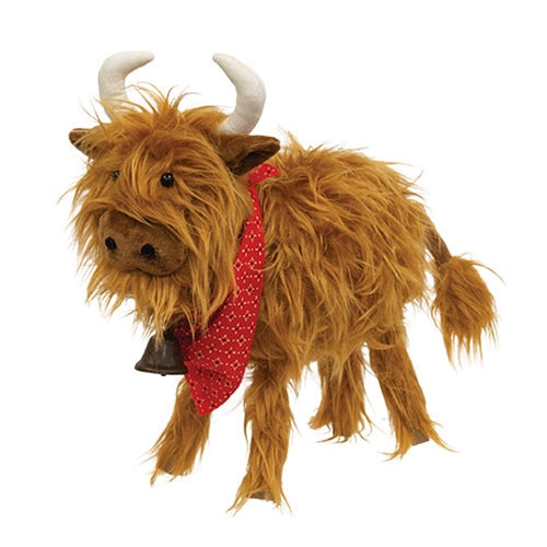 Fluffy Highland Cow w/Bandana and Bell - 13"