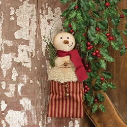 Stuffed Jingle Snowman With Pine In Ticking Stripe Sack Hanger