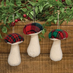 3/Set - Stuffed Red & Green Plaid Mushroom Ornaments