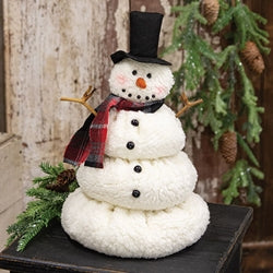 White Sherpa Melting Snowman w/Top Hat & Plaid Scarf - 12"H