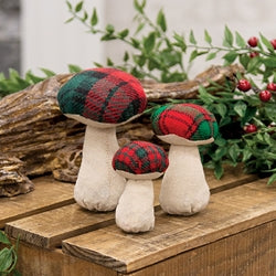 3/Set - Stuffed Red & Green Plaid Mushroom Sitters