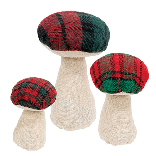 3/Set - Stuffed Red & Green Plaid Mushroom Sitters