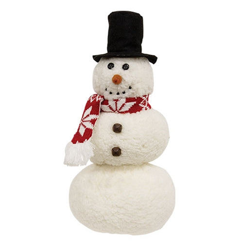 White Sherpa Snowman w/Top Hat & Snowflake Scarf - 14"H