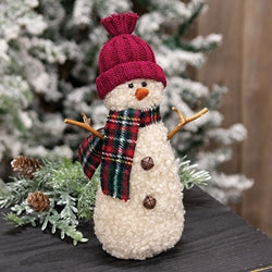 Burgundy Hat Snowman w/Green & Red Plaid Scarf - 9.5"H