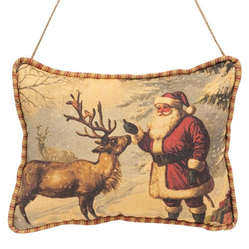 Olde Thyme Santa Feeding Reindeer Hanging Pillow