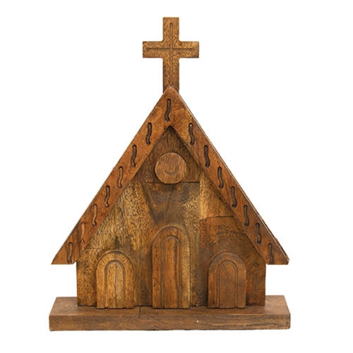 Stained Wooden Church On Base - 12"H