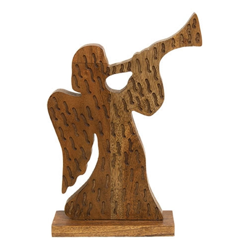 Stained Wooden Angel With Trumpet On Base - 12"H