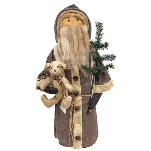Stuffed Gray Coat Father Christmas w/Teddy Bear - 27"H