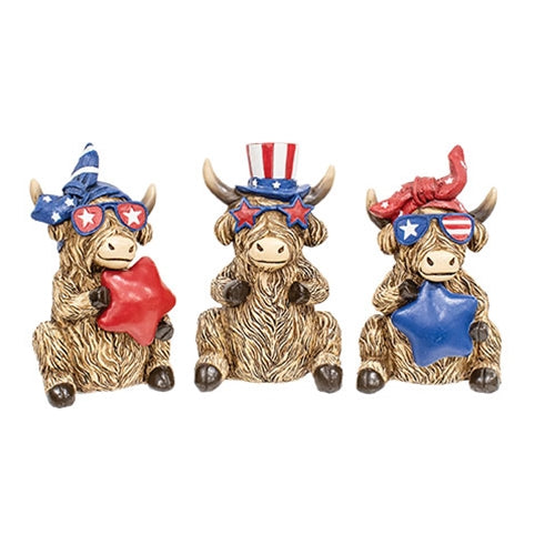 Resin Patriotic Highland Cow Sitter 3 Asstd.