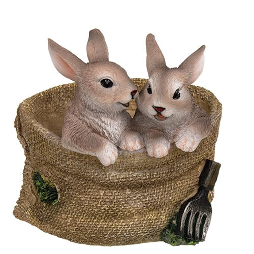 Resin Bunny Pair in Basket Planter